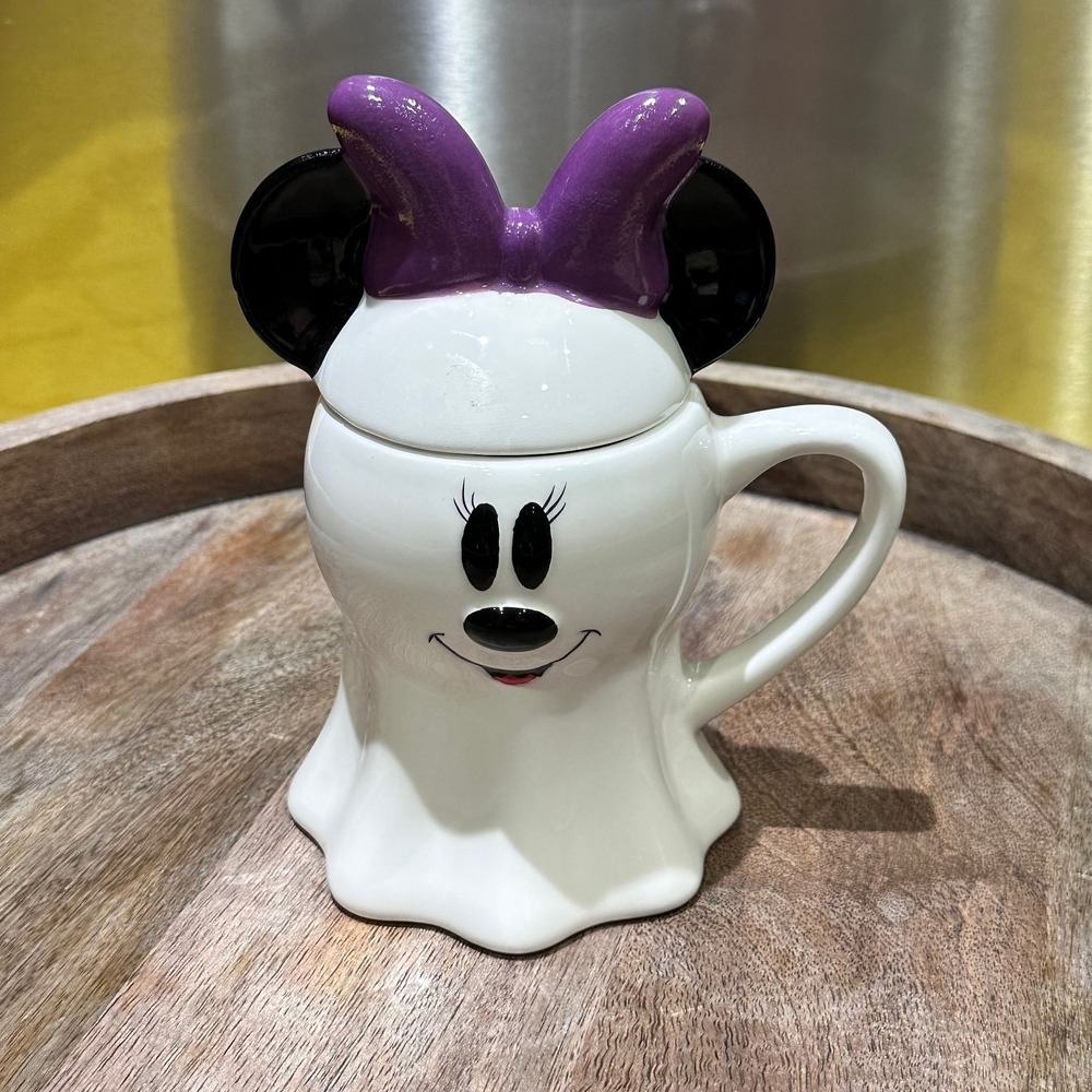 Disney Minnie Mouse Halloween Ghost Ceramic Cup With Bow Lid Topper Mug New